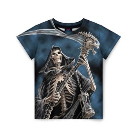Детская футболка 3D с принтом Скелетон в Кировске, 100% гипоаллергенный полиэфир | прямой крой, круглый вырез горловины, длина до линии бедер, чуть спущенное плечо, ткань немного тянется | death | skeleton | skull | капюшон | коса | скелет | череп