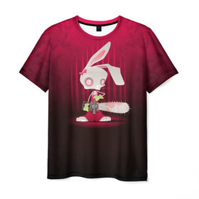 Мужская футболка 3D с принтом Заяц с бензопилой в Кировске, 100% полиэфир | прямой крой, круглый вырез горловины, длина до линии бедер | бензопила | девушке | зайка | заяц | красная | мульт | мультфильм | прикол | ужас | цветы