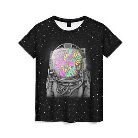 Женская футболка 3D с принтом Цветочный астонавт в Кировске, 100% полиэфир ( синтетическое хлопкоподобное полотно) | прямой крой, круглый вырез горловины, длина до линии бедер | astronaut | cosmonaut | cosmos | galaxy | planet | space | star | астронавт | галактика | звезды | космонавт | космос | планета | скафандр | цветы