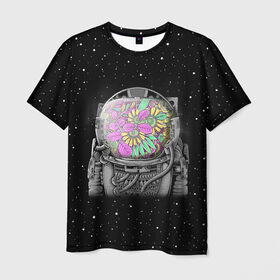 Мужская футболка 3D с принтом Цветочный астонавт в Кировске, 100% полиэфир | прямой крой, круглый вырез горловины, длина до линии бедер | astronaut | cosmonaut | cosmos | galaxy | planet | space | star | астронавт | галактика | звезды | космонавт | космос | планета | скафандр | цветы