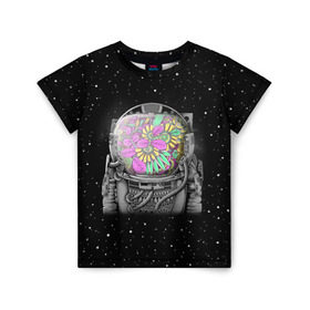 Детская футболка 3D с принтом Цветочный астонавт в Кировске, 100% гипоаллергенный полиэфир | прямой крой, круглый вырез горловины, длина до линии бедер, чуть спущенное плечо, ткань немного тянется | Тематика изображения на принте: astronaut | cosmonaut | cosmos | galaxy | planet | space | star | астронавт | галактика | звезды | космонавт | космос | планета | скафандр | цветы