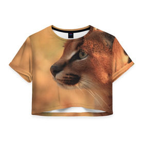 Женская футболка 3D укороченная с принтом Рысь в Кировске, 100% полиэстер | круглая горловина, длина футболки до линии талии, рукава с отворотами | амурский | животные | киса | кот | котенок | кошка | пума | рысь | серый | тигр | хищник