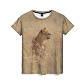 Женская футболка 3D с принтом Львица в траве в Кировске, 100% полиэфир ( синтетическое хлопкоподобное полотно) | прямой крой, круглый вырез горловины, длина до линии бедер | амурский | животные | киса | кот | котенок | кошка | лев | львица | пума | рысь | серый | тигр | хищник