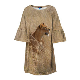 Детское платье 3D с принтом Львица в траве в Кировске, 100% полиэстер | прямой силуэт, чуть расширенный к низу. Круглая горловина, на рукавах — воланы | амурский | животные | киса | кот | котенок | кошка | лев | львица | пума | рысь | серый | тигр | хищник