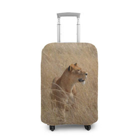 Чехол для чемодана 3D с принтом Львица в траве в Кировске, 86% полиэфир, 14% спандекс | двустороннее нанесение принта, прорези для ручек и колес | амурский | животные | киса | кот | котенок | кошка | лев | львица | пума | рысь | серый | тигр | хищник
