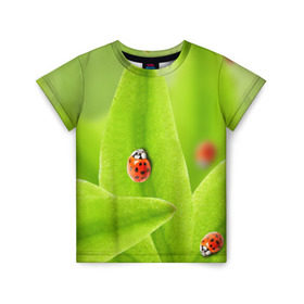 Детская футболка 3D с принтом Жучки на травке в Кировске, 100% гипоаллергенный полиэфир | прямой крой, круглый вырез горловины, длина до линии бедер, чуть спущенное плечо, ткань немного тянется | жук | зеленый | зелень | красный | насекомые | природа
