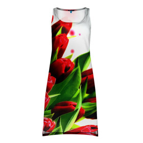 Платье-майка 3D с принтом Тюльпаны в Кировске, 100% полиэстер | полуприлегающий силуэт, широкие бретели, круглый вырез горловины, удлиненный подол сзади. | flower | букет | весна | красные | цветочки | цветы
