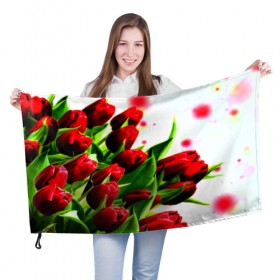 Флаг 3D с принтом Тюльпаны в Кировске, 100% полиэстер | плотность ткани — 95 г/м2, размер — 67 х 109 см. Принт наносится с одной стороны | flower | букет | весна | красные | цветочки | цветы