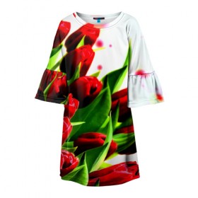 Детское платье 3D с принтом Тюльпаны в Кировске, 100% полиэстер | прямой силуэт, чуть расширенный к низу. Круглая горловина, на рукавах — воланы | flower | букет | весна | красные | цветочки | цветы