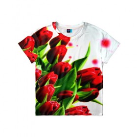 Детская футболка 3D с принтом Тюльпаны в Кировске, 100% гипоаллергенный полиэфир | прямой крой, круглый вырез горловины, длина до линии бедер, чуть спущенное плечо, ткань немного тянется | flower | букет | весна | красные | цветочки | цветы