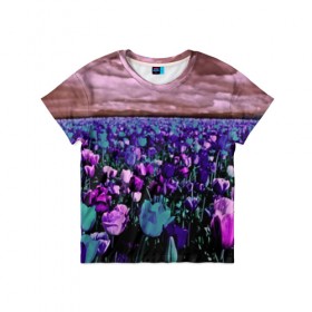 Детская футболка 3D с принтом Поле тюльпанов в Кировске, 100% гипоаллергенный полиэфир | прямой крой, круглый вырез горловины, длина до линии бедер, чуть спущенное плечо, ткань немного тянется | flower | весна | поле | полевой цветок | природа | цветочки | цветы