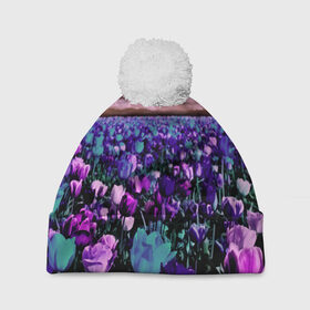 Шапка 3D c помпоном с принтом Поле тюльпанов в Кировске, 100% полиэстер | универсальный размер, печать по всей поверхности изделия | flower | весна | поле | полевой цветок | природа | цветочки | цветы