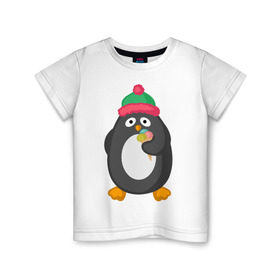 Детская футболка хлопок с принтом Пингвин с мороженым в Кировске, 100% хлопок | круглый вырез горловины, полуприлегающий силуэт, длина до линии бедер | животные | милые животные | мороженое | пингвин | прикольные животные