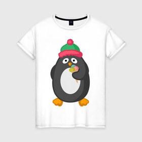 Женская футболка хлопок с принтом Пингвин с мороженым в Кировске, 100% хлопок | прямой крой, круглый вырез горловины, длина до линии бедер, слегка спущенное плечо | животные | милые животные | мороженое | пингвин | прикольные животные