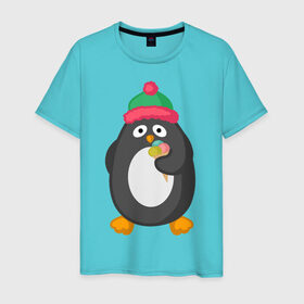 Мужская футболка хлопок с принтом Пингвин с мороженым в Кировске, 100% хлопок | прямой крой, круглый вырез горловины, длина до линии бедер, слегка спущенное плечо. | Тематика изображения на принте: животные | милые животные | мороженое | пингвин | прикольные животные