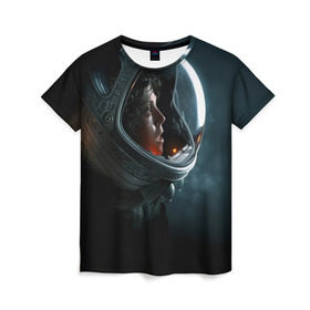 Женская футболка 3D с принтом Девушка космонавт в Кировске, 100% полиэфир ( синтетическое хлопкоподобное полотно) | прямой крой, круглый вырез горловины, длина до линии бедер | alien | космос | рипли | скафандр | чужой