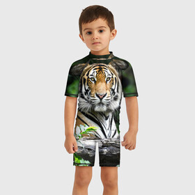 Детский купальный костюм 3D с принтом Тигр в джунглях в Кировске, Полиэстер 85%, Спандекс 15% | застежка на молнии на спине | амурский | животные | зверь | киса | кот | котенок | кошка | тигр | хищник