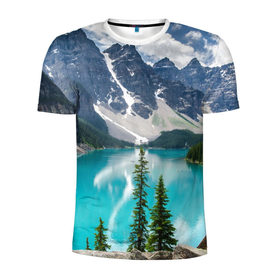 Мужская футболка 3D спортивная с принтом Горная река в Кировске, 100% полиэстер с улучшенными характеристиками | приталенный силуэт, круглая горловина, широкие плечи, сужается к линии бедра | озеро | пейзаж | скалы