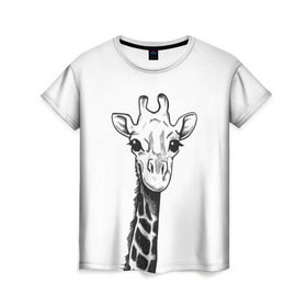 Женская футболка 3D с принтом Жираф в Кировске, 100% полиэфир ( синтетическое хлопкоподобное полотно) | прямой крой, круглый вырез горловины, длина до линии бедер | арт | взгляд | глаза | животные | жираф | прикольные