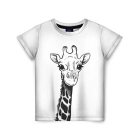 Детская футболка 3D с принтом Жираф в Кировске, 100% гипоаллергенный полиэфир | прямой крой, круглый вырез горловины, длина до линии бедер, чуть спущенное плечо, ткань немного тянется | Тематика изображения на принте: арт | взгляд | глаза | животные | жираф | прикольные