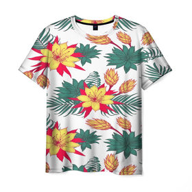 Мужская футболка 3D с принтом Tropical Pattern в Кировске, 100% полиэфир | прямой крой, круглый вырез горловины, длина до линии бедер | Тематика изображения на принте: flower | поле | тропики | тропический | цветочки | цветы
