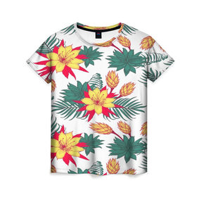 Женская футболка 3D с принтом Tropical Pattern в Кировске, 100% полиэфир ( синтетическое хлопкоподобное полотно) | прямой крой, круглый вырез горловины, длина до линии бедер | flower | поле | тропики | тропический | цветочки | цветы