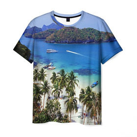 Мужская футболка 3D с принтом Таиланд в Кировске, 100% полиэфир | прямой крой, круглый вырез горловины, длина до линии бедер | beach | clouds | islands | palm trees | people | sand | sea | ships | sky | thailand | tourism | корабли | люди | море | небо | облака | острова | пальмы | песок | пляж | таиланд | туризм
