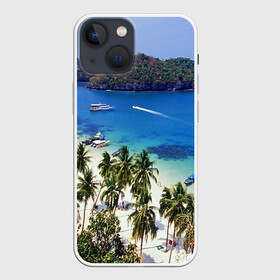 Чехол для iPhone 13 mini с принтом Таиланд в Кировске,  |  | beach | clouds | islands | palm trees | people | sand | sea | ships | sky | thailand | tourism | корабли | люди | море | небо | облака | острова | пальмы | песок | пляж | таиланд | туризм