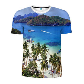Мужская футболка 3D спортивная с принтом Таиланд в Кировске, 100% полиэстер с улучшенными характеристиками | приталенный силуэт, круглая горловина, широкие плечи, сужается к линии бедра | Тематика изображения на принте: beach | clouds | islands | palm trees | people | sand | sea | ships | sky | thailand | tourism | корабли | люди | море | небо | облака | острова | пальмы | песок | пляж | таиланд | туризм