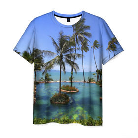 Мужская футболка 3D с принтом Таиланд в Кировске, 100% полиэфир | прямой крой, круглый вырез горловины, длина до линии бедер | clouds | hiking | sea | sky | swimming pool | thailand | trees | бассейн | море | небо | облака | пальмы | таиланд | туризм