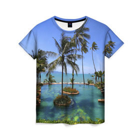 Женская футболка 3D с принтом Таиланд в Кировске, 100% полиэфир ( синтетическое хлопкоподобное полотно) | прямой крой, круглый вырез горловины, длина до линии бедер | clouds | hiking | sea | sky | swimming pool | thailand | trees | бассейн | море | небо | облака | пальмы | таиланд | туризм