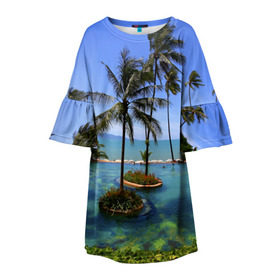 Детское платье 3D с принтом Таиланд в Кировске, 100% полиэстер | прямой силуэт, чуть расширенный к низу. Круглая горловина, на рукавах — воланы | Тематика изображения на принте: clouds | hiking | sea | sky | swimming pool | thailand | trees | бассейн | море | небо | облака | пальмы | таиланд | туризм