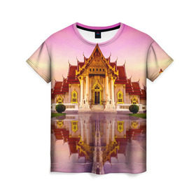 Женская футболка 3D с принтом Таиланд в Кировске, 100% полиэфир ( синтетическое хлопкоподобное полотно) | прямой крой, круглый вырез горловины, длина до линии бедер | landmark | reflection | temple | thailand | tourism | water | вода | достопримечательность | отражение | таиланд | туризм | храм