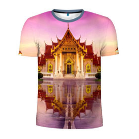 Мужская футболка 3D спортивная с принтом Таиланд в Кировске, 100% полиэстер с улучшенными характеристиками | приталенный силуэт, круглая горловина, широкие плечи, сужается к линии бедра | Тематика изображения на принте: landmark | reflection | temple | thailand | tourism | water | вода | достопримечательность | отражение | таиланд | туризм | храм