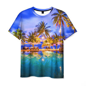 Мужская футболка 3D с принтом Таиланд в Кировске, 100% полиэфир | прямой крой, круглый вырез горловины, длина до линии бедер | clouds | pool | reflection | sea | sky | sunset | thailand | tourism | trees | water | бассейн | вода | закат | море | небо | облака | отражение | пальмы | таиланд | туризм