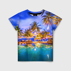 Детская футболка 3D с принтом Таиланд в Кировске, 100% гипоаллергенный полиэфир | прямой крой, круглый вырез горловины, длина до линии бедер, чуть спущенное плечо, ткань немного тянется | clouds | pool | reflection | sea | sky | sunset | thailand | tourism | trees | water | бассейн | вода | закат | море | небо | облака | отражение | пальмы | таиланд | туризм