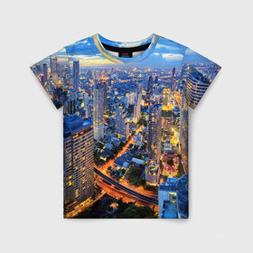 Детская футболка 3D с принтом Таиланд в Кировске, 100% гипоаллергенный полиэфир | прямой крой, круглый вырез горловины, длина до линии бедер, чуть спущенное плечо, ткань немного тянется | Тематика изображения на принте: architecture | bangkok | city | lights | night | sky | skyscrapers | sunset | thailand | архитектура | бангкок | город | закат | небо | ночь | огни | таиланд