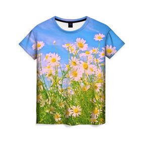 Женская футболка 3D с принтом Ромашка в Кировске, 100% полиэфир ( синтетическое хлопкоподобное полотно) | прямой крой, круглый вырез горловины, длина до линии бедер | flower | лето | полевой цветок | цветочки | цветы