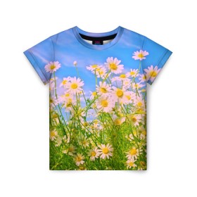 Детская футболка 3D с принтом Ромашка в Кировске, 100% гипоаллергенный полиэфир | прямой крой, круглый вырез горловины, длина до линии бедер, чуть спущенное плечо, ткань немного тянется | flower | лето | полевой цветок | цветочки | цветы
