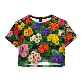 Женская футболка 3D укороченная с принтом Фиалки в Кировске, 100% полиэстер | круглая горловина, длина футболки до линии талии, рукава с отворотами | flower | лето | поле | полевой цветок | цветочки | цветы