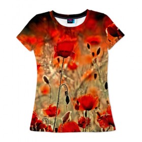 Женская футболка 3D с принтом Маковое поле в Кировске, 100% полиэфир ( синтетическое хлопкоподобное полотно) | прямой крой, круглый вырез горловины, длина до линии бедер | flower | красные | лето | поле | полевой цветок | цветочки | цветы