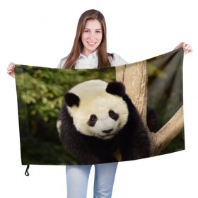Флаг 3D с принтом Панда на дереве в Кировске, 100% полиэстер | плотность ткани — 95 г/м2, размер — 67 х 109 см. Принт наносится с одной стороны | животные | лес | медведь | медвежонок | панда | природа