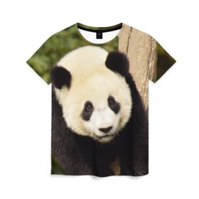Женская футболка 3D с принтом Панда на дереве в Кировске, 100% полиэфир ( синтетическое хлопкоподобное полотно) | прямой крой, круглый вырез горловины, длина до линии бедер | животные | лес | медведь | медвежонок | панда | природа