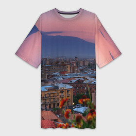 Платье-футболка 3D с принтом Армения в Кировске,  |  | айастан | армения | город | горы | дома | ереван | закат | пейзаж | ромашки | столица | страна | флора | хайастан | цветы | эривань