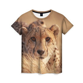 Женская футболка 3D с принтом Гепард в Кировске, 100% полиэфир ( синтетическое хлопкоподобное полотно) | прямой крой, круглый вырез горловины, длина до линии бедер | амурский | гепард | животные | зверь | киса | кот | котенок | кошка | лев | леопард | пума | рысь | серый | тигр | тигренок | хищник