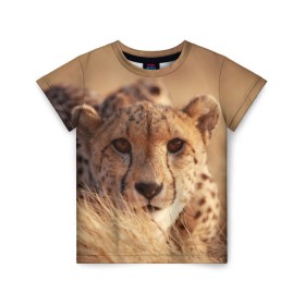 Детская футболка 3D с принтом Гепард в Кировске, 100% гипоаллергенный полиэфир | прямой крой, круглый вырез горловины, длина до линии бедер, чуть спущенное плечо, ткань немного тянется | амурский | гепард | животные | зверь | киса | кот | котенок | кошка | лев | леопард | пума | рысь | серый | тигр | тигренок | хищник
