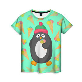 Женская футболка 3D с принтом Пингвин с мороженым в Кировске, 100% полиэфир ( синтетическое хлопкоподобное полотно) | прямой крой, круглый вырез горловины, длина до линии бедер | животные | милые животные | мороженое | пингвин | прикольные животные