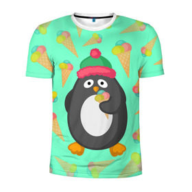 Мужская футболка 3D спортивная с принтом Пингвин с мороженым в Кировске, 100% полиэстер с улучшенными характеристиками | приталенный силуэт, круглая горловина, широкие плечи, сужается к линии бедра | животные | милые животные | мороженое | пингвин | прикольные животные