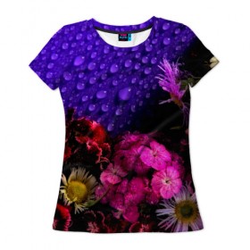 Женская футболка 3D с принтом Капли на цветах в Кировске, 100% полиэфир ( синтетическое хлопкоподобное полотно) | прямой крой, круглый вырез горловины, длина до линии бедер | 
