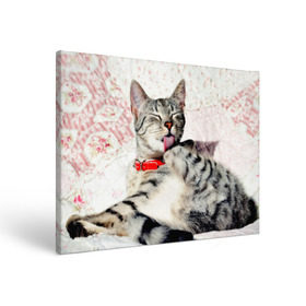 Холст прямоугольный с принтом Кошка в Кировске, 100% ПВХ |  | cat | collar | heel | licking | lying | red | striped | кошка | красный | лежит | лижет | ошейник | полосатая | пятка